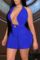 Blue Sexy Solid Patchwork V Neck Skinny Rompers