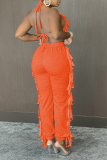 Tangerine Red Sexy Solid Tassel Halter Sleeveless Two Pieces