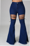 Baby Blue Casual Patchwork Ripped Mid Waist Boot Cut Denim Jeans