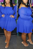 Blue Fashion Sexy Bateau Neck Long Sleeve Ruffle Sleeve Solid Plus Size Dress