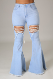 Dark Blue Casual Patchwork Ripped Mid Waist Boot Cut Denim Jeans