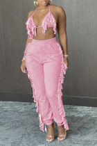Pink Sexy Solid Tassel Halter Sleeveless Two Pieces