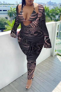 Black Sexy Print Split Joint Halter Plus Size Jumpsuits