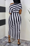Blue Casual Striped Split Joint One Shoulder Short Sleeve Two Pieces