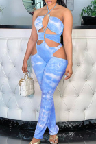 Sky Blue Fashion Sexy Print Hollowed Out Backless Halter Skinny Jumpsuits