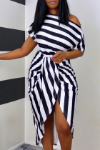 Black Casual Striped Split Joint One Shoulder Short Sleeve Two Pieces