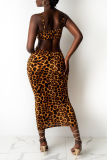 Leopard Print Sexy Print Hollowed Out Spaghetti Strap Pencil Skirt Dresses