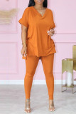 Orange Fashion Casual Solid Beading V Neck Short Sleeve Two Pieces
