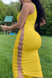 Yellow Fashion Sexy Solid Hollowed Out U Neck Vest Dress Dresses