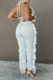 White Sexy Solid Tassel Halter Sleeveless Two Pieces