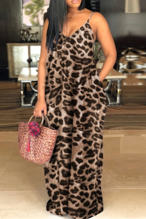 Brown Sexy Print Patchwork Spaghetti Strap Straight Dresses