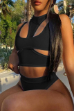 Black Sexy Solid Hollowed Out Backless O Neck Sleeveless Two Pieces