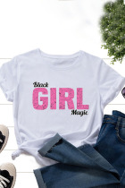 White Pink Casual Print Split Joint O Neck T-Shirts