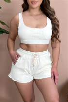 White Casual Sportswear Solid Vests U Neck Sleeveless Two Pieces