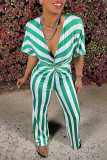 Green Fashion Casual Striped Print Basic V Neck Regular Jumpsuits