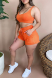 Orange Casual Sportswear Solid Vests U Neck Sleeveless Two Pieces