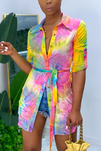 Colorful Fashion Casual Turndown Collar Long Sleeve Regular Sleeve Long Print Tie Dye Tops