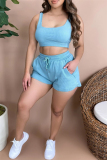 Light Blue Casual Sportswear Solid Vests U Neck Sleeveless Two Pieces