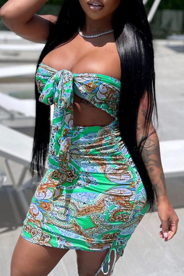 Green Sexy Print Hollowed Out Strapless Pencil Skirt Dresses