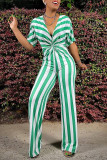 Green Fashion Casual Striped Print Basic V Neck Regular Jumpsuits