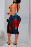 Blue Sexy Print Hollowed Out Off the Shoulder Pencil Skirt Dresses