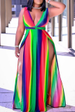 Colour Sexy Print High Opening V Neck Plus Size Dresses