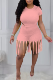 Pink Sexy Solid Tassel O Neck Short Sleeve Two Pieces
