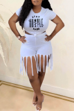 White Casual Print Tassel O Neck Short Sleeve Two Pieces