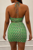 Blue Fashion Sexy Print Hollowed Out Backless Halter Sleeveless Two Pieces