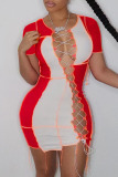 Rose Red Sexy Solid Bandage Hollowed Out O Neck A Line Dresses