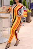 Yellow Fashion Casual Striped Print Basic O Neck Half Sleeve Two Pieces