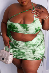 Ink Green Fashion Sexy Print Hollowed Out Backless Spaghetti Strap Plus Size Two Pieces