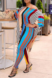 Yellow Fashion Casual Striped Print Basic O Neck Half Sleeve Two Pieces