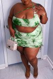 Ink Green Fashion Sexy Print Hollowed Out Backless Spaghetti Strap Plus Size Two Pieces