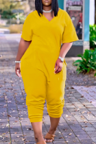 Yellow Fashion Casual Solid Basic V Neck Plus Size Jumpsuits
