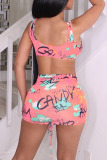 Pink Sexy Print Frenulum Backless Swimwears