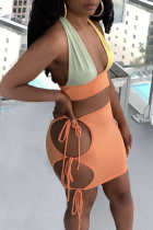 Orange Sexy Patchwork Hollowed Out V Neck Sleeveless Two Pieces