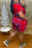 Red Sexy Print Split Joint V Neck Plus Size Jumpsuits