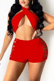 Red Sexy Solid Bandage Hollowed Out Split Joint Halter Sleeveless Two Pieces