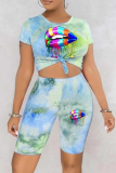 Green Casual Patchwork Tie-dye O Neck Short Sleeve Two Pieces
