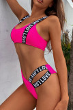 Rose Red Fashion Sexy Patchwork Backless Swimwears