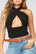 Black Sexy Casual Solid Hollowed Out Backless Halter Tops