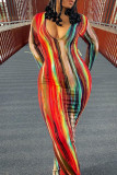 Multi-color Sexy Long Sleeves O neck Step Skirt Ankle-Length Striped Print Dresses