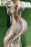 Grey Sexy Long Sleeves O neck Step Skirt Ankle-Length Striped Print Dresses