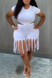White Sexy Solid Tassel O Neck Short Sleeve Two Pieces
