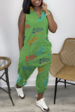 Green Casual Print Patchwork V Neck Harlan Jumpsuits
