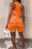 Orange Casual Sportswear Print Vests U Neck Skinny Romper