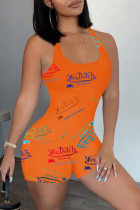 Orange Casual Sportswear Print Vests U Neck Skinny Romper