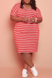 Rose Red Fashion Casual Plus Size Striped Print Basic V Neck Short Sleeve Dress