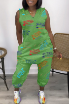 Green Casual Print Split Joint V Neck Harlan Jumpsuits
